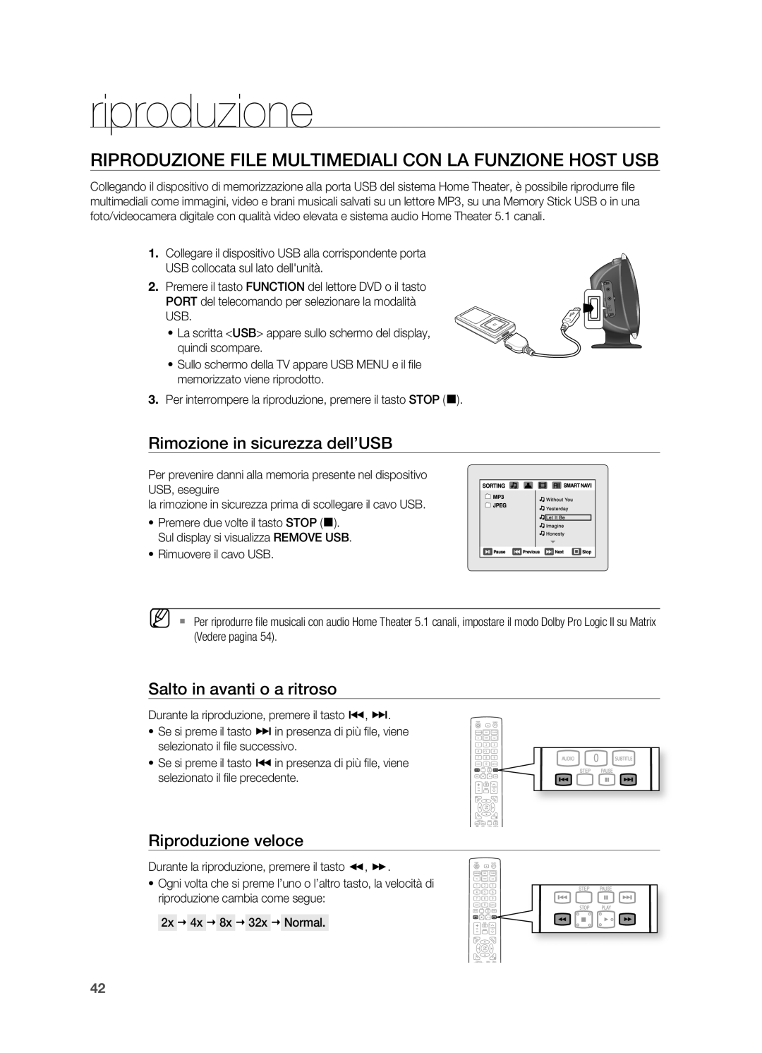 Samsung HT-X625T/XET manual Riproduzione File Multimediali CON LA Funzione Host USB, Rimozione in sicurezza dell’USB 