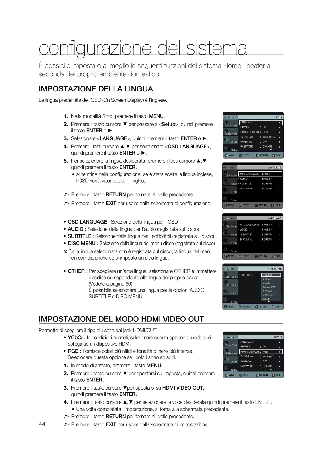 Samsung HT-X625T/XET manual Configurazione del sistema, Impostazione della lingua, Impostazione del modo Hdmi Video OUT 