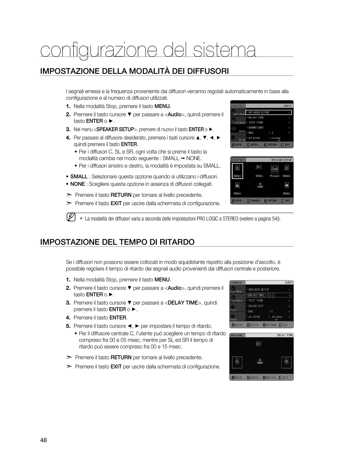 Samsung HT-X625T/XET manual Impostazione della modalità dei diffusori, Impostazione del tempo di ritardo 