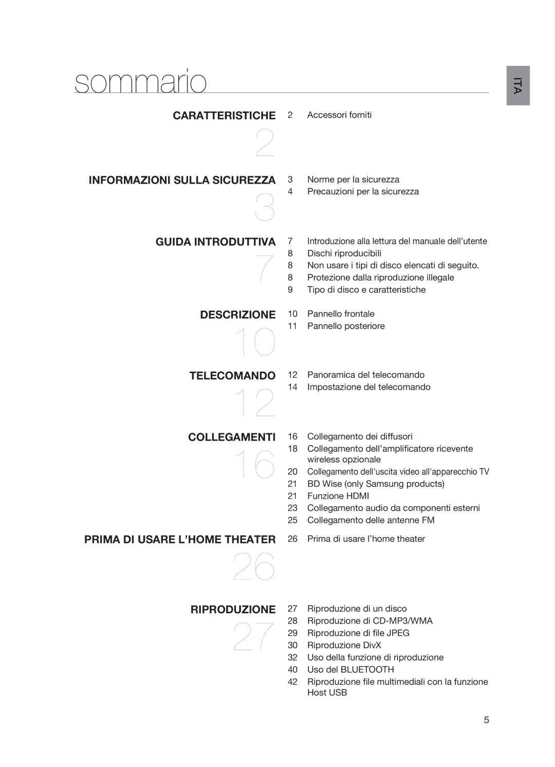 Samsung HT-X625T/XET manual Sommario, Accessori forniti, Norme per la sicurezza, Panoramica del telecomando 