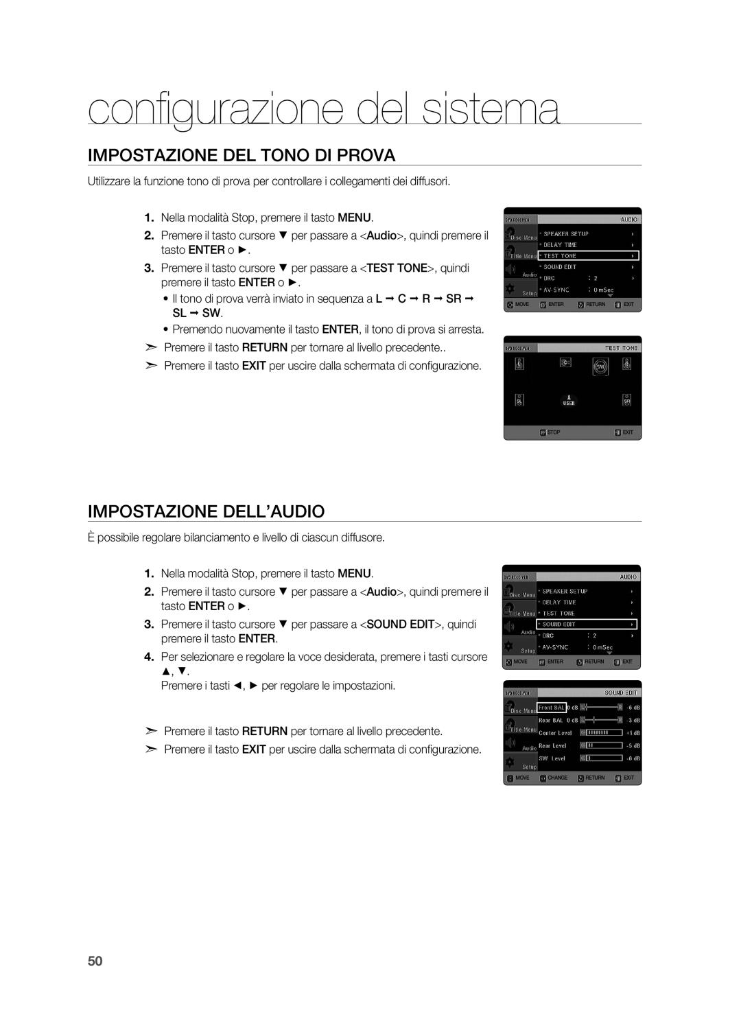 Samsung HT-X625T/XET manual Impostazione del tono di prova, Impostazione dell’audio 