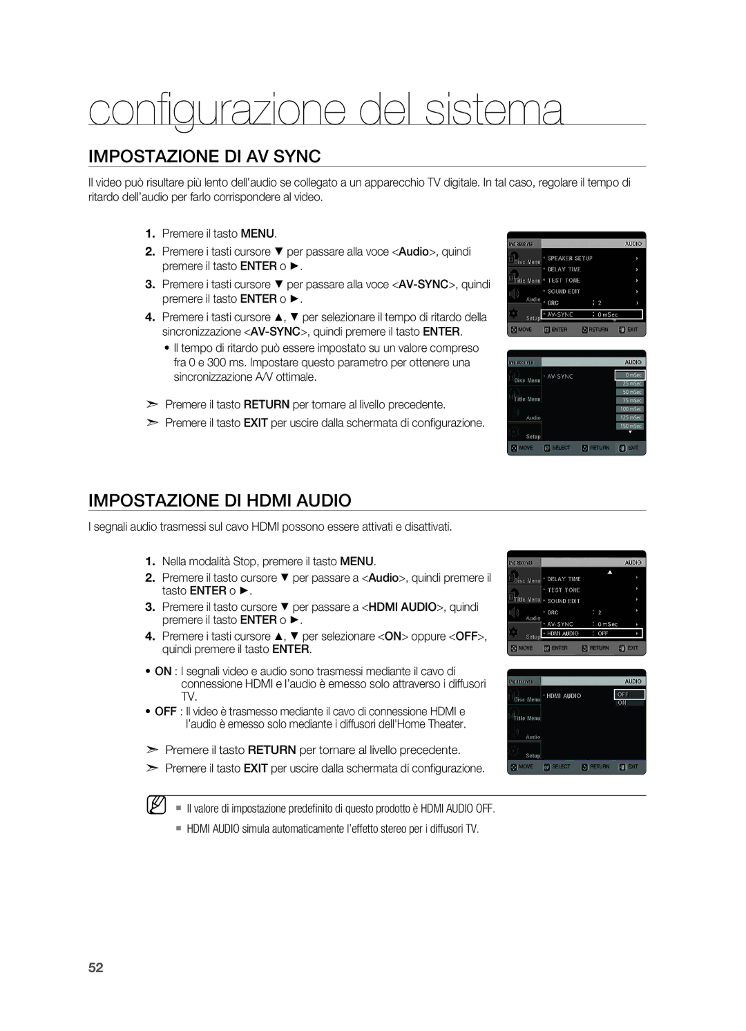 Samsung HT-X625T/XET manual Impostazione di AV Sync, Impostazione di Hdmi Audio 