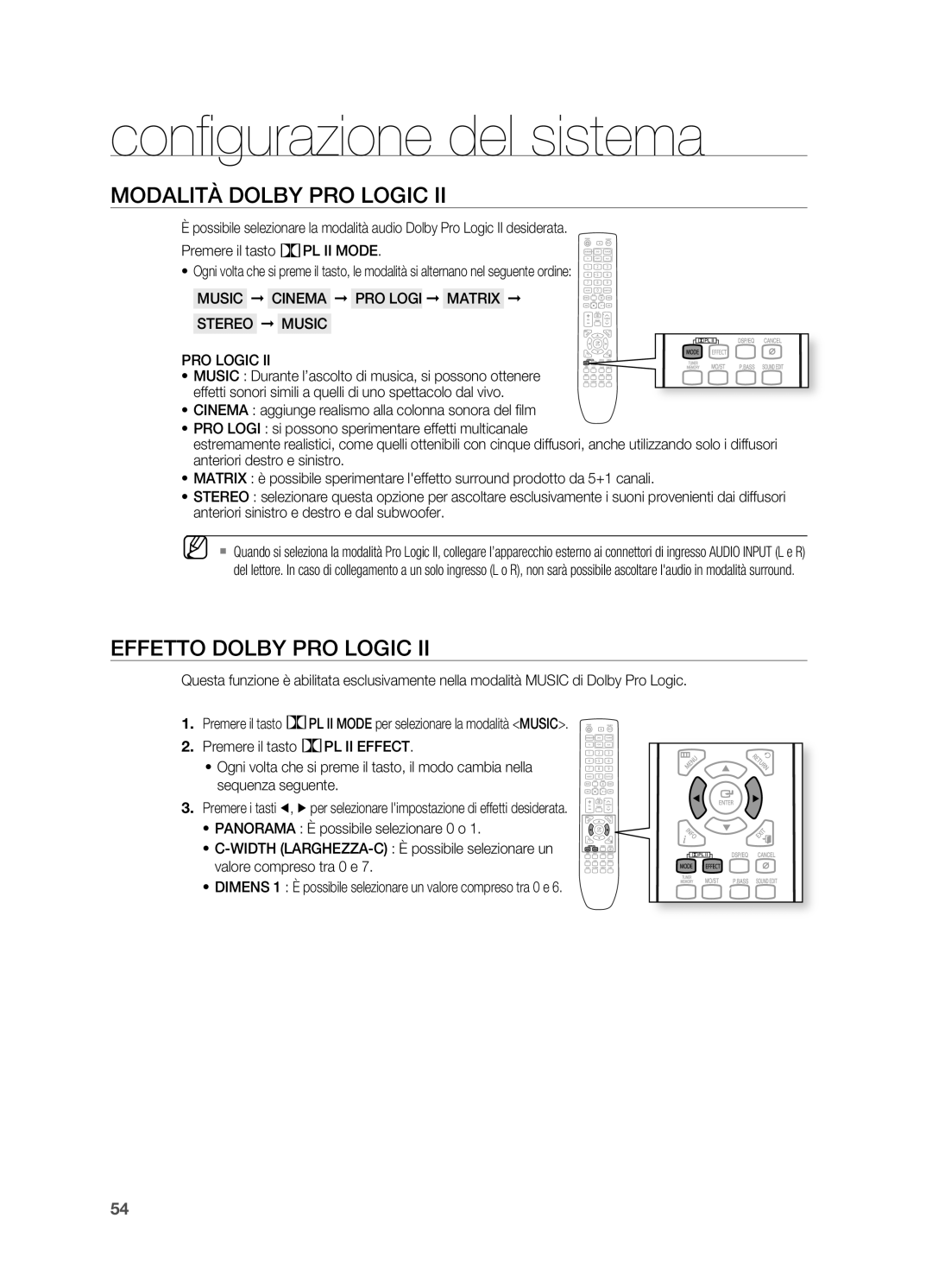 Samsung HT-X625T/XET manual Confi gurazione del sistema, MODALITà Dolby PRO Logic, Effetto Dolby PRO Logic 