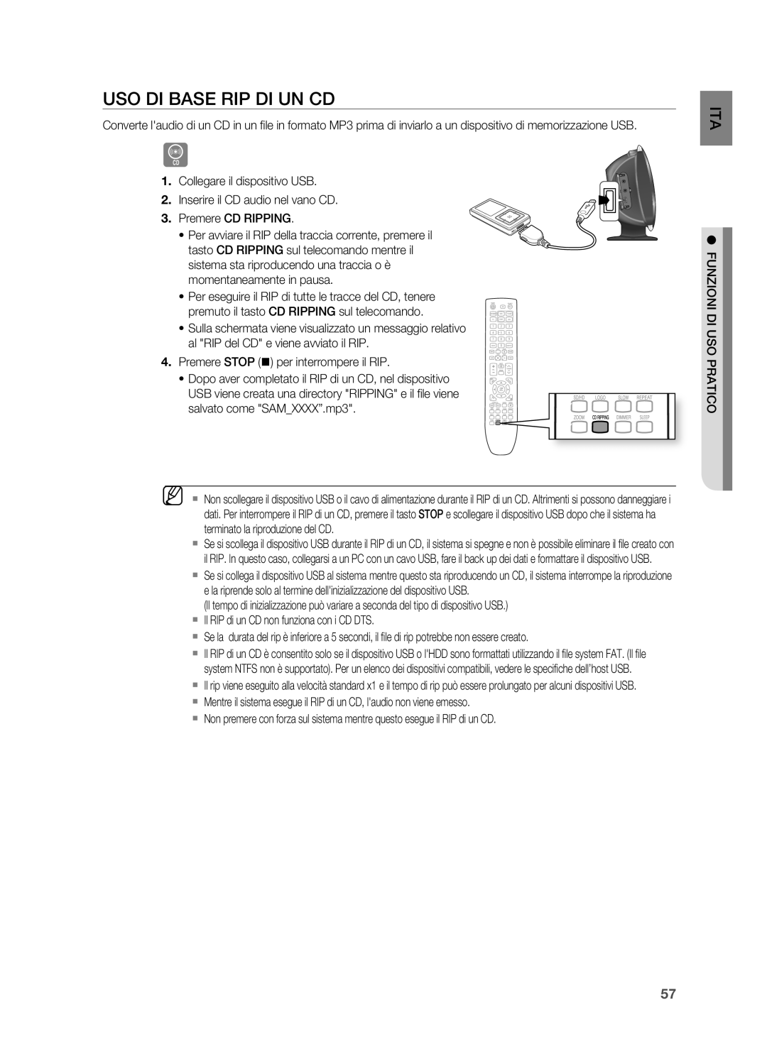 Samsung HT-X625T/XET manual USO DI Base RIP DI UN CD, Funzioni DI USO Pratico 