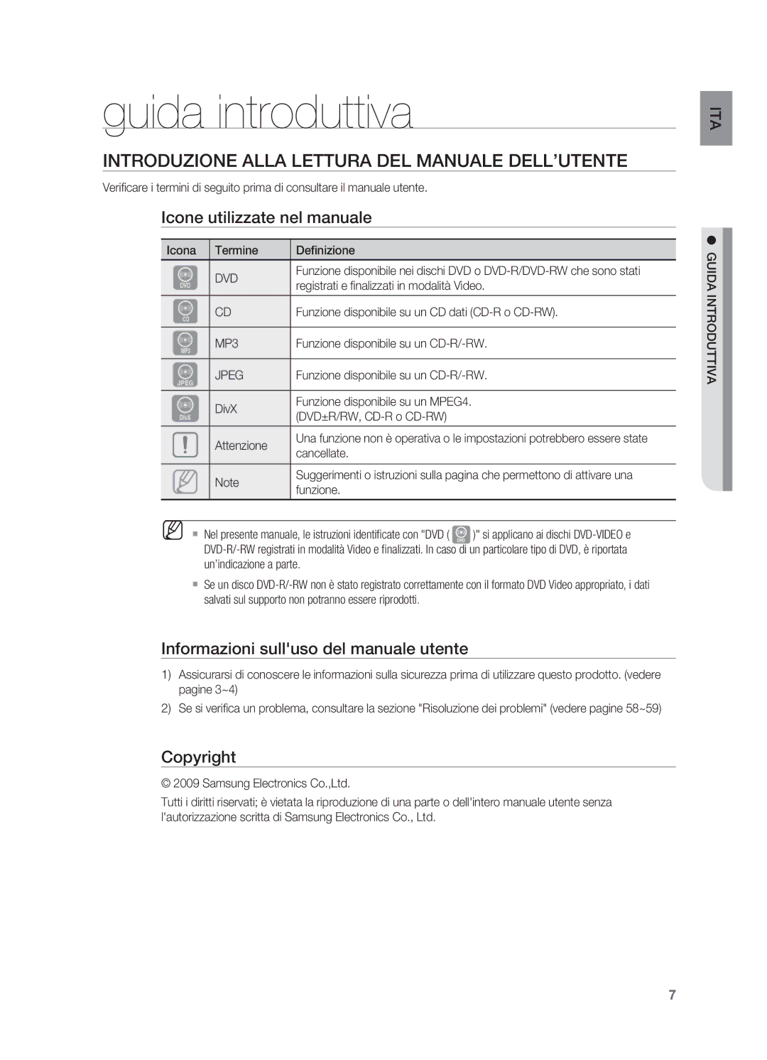 Samsung HT-X625T/XET Guida introduttiva, Introduzione alla lettura del manuale dell’utente, Icone utilizzate nel manuale 