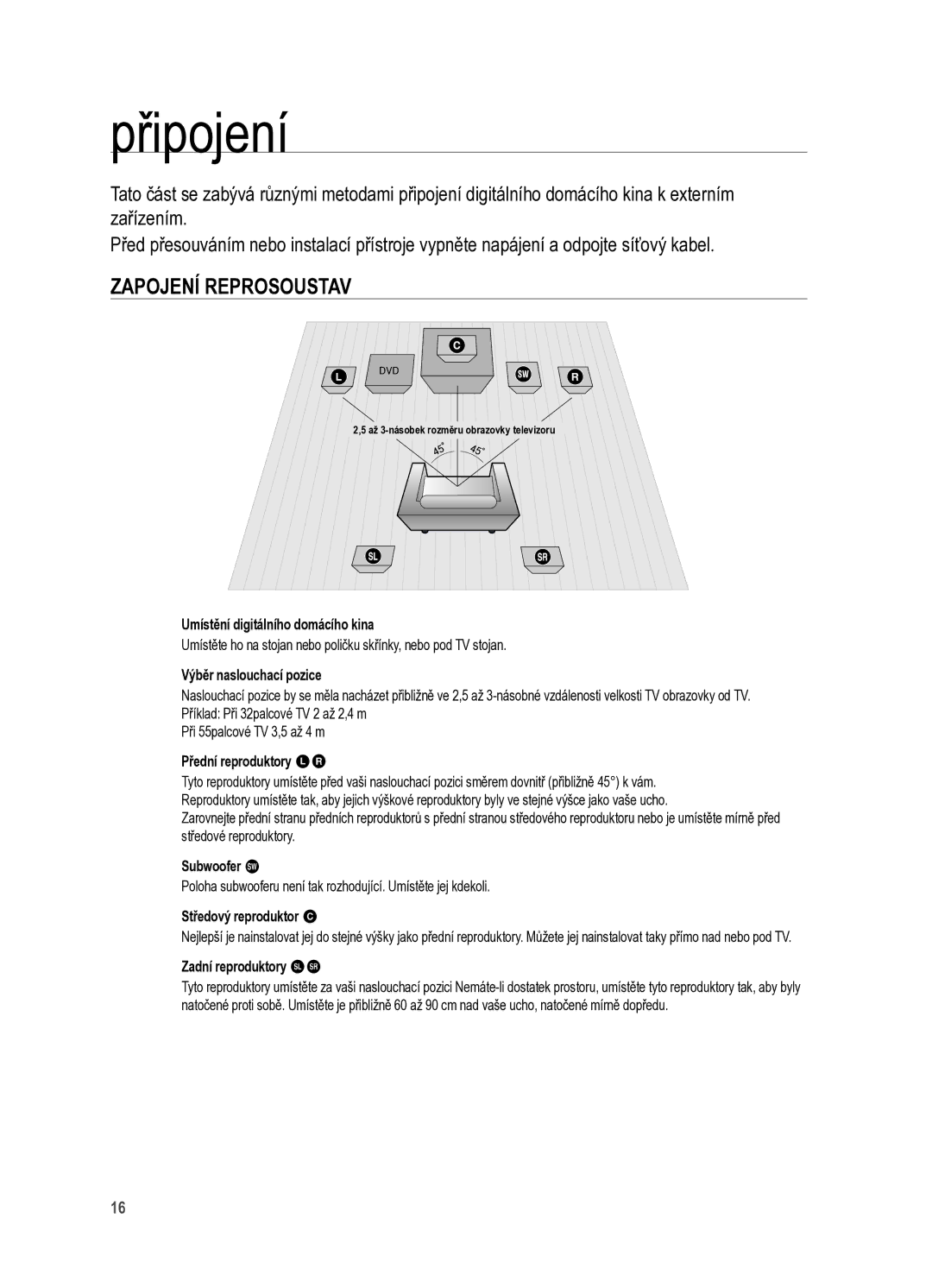 Samsung HT-X625T/XET manual Připojení, Zapojení reprosoustav 