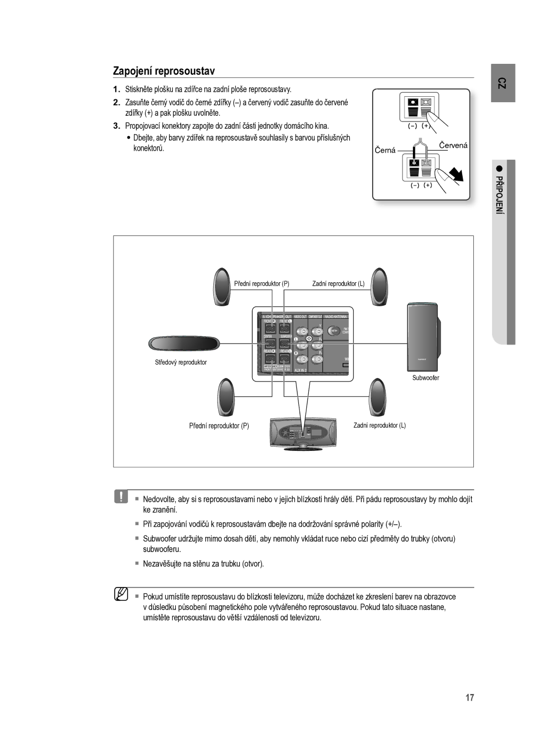 Samsung HT-X625T/XET manual Zapojení reprosoustav, PřIPOJENí 