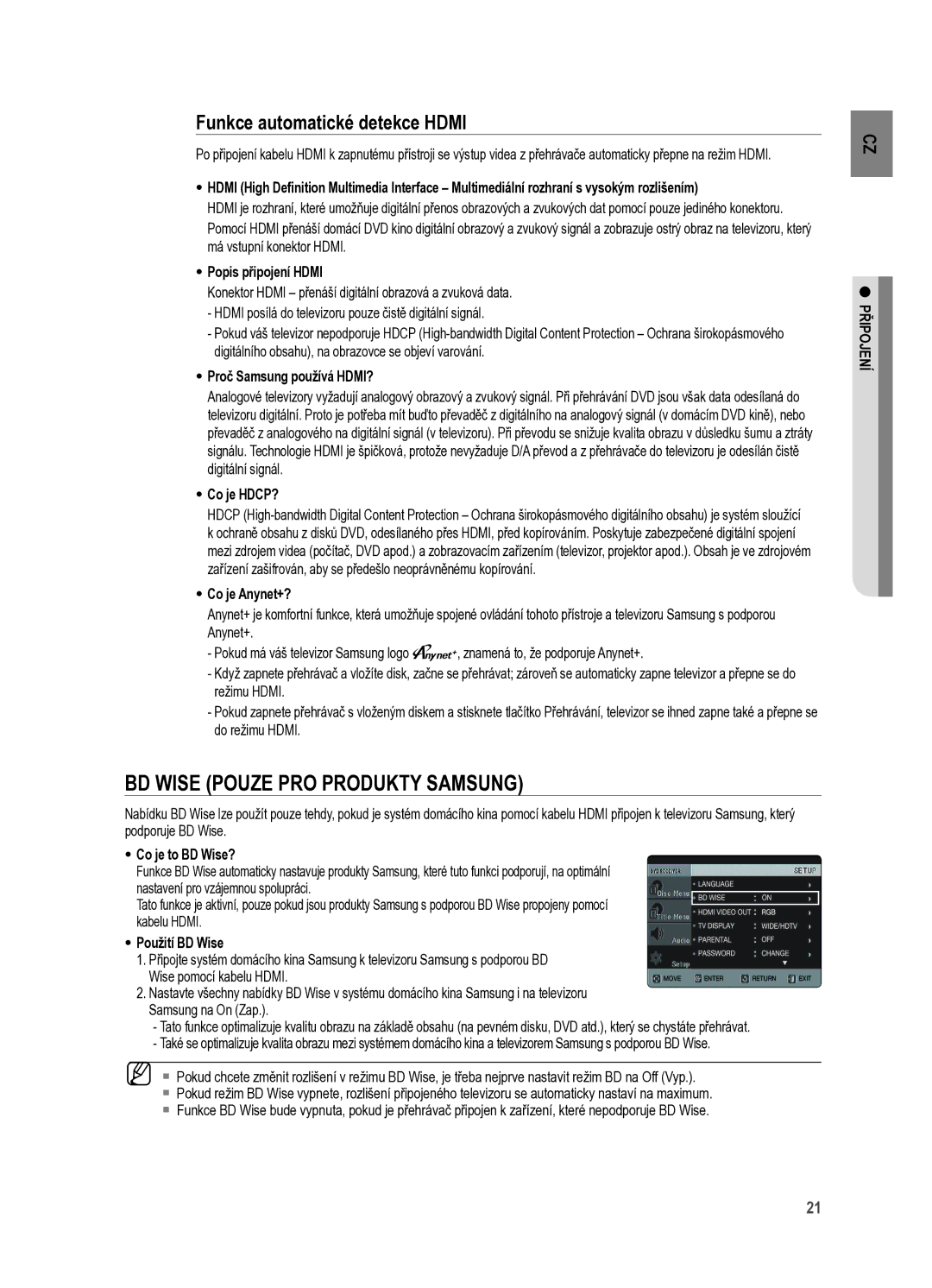 Samsung HT-X625T/XET manual BD Wise pouze pro produkty Samsung, Funkce automatické detekce Hdmi 