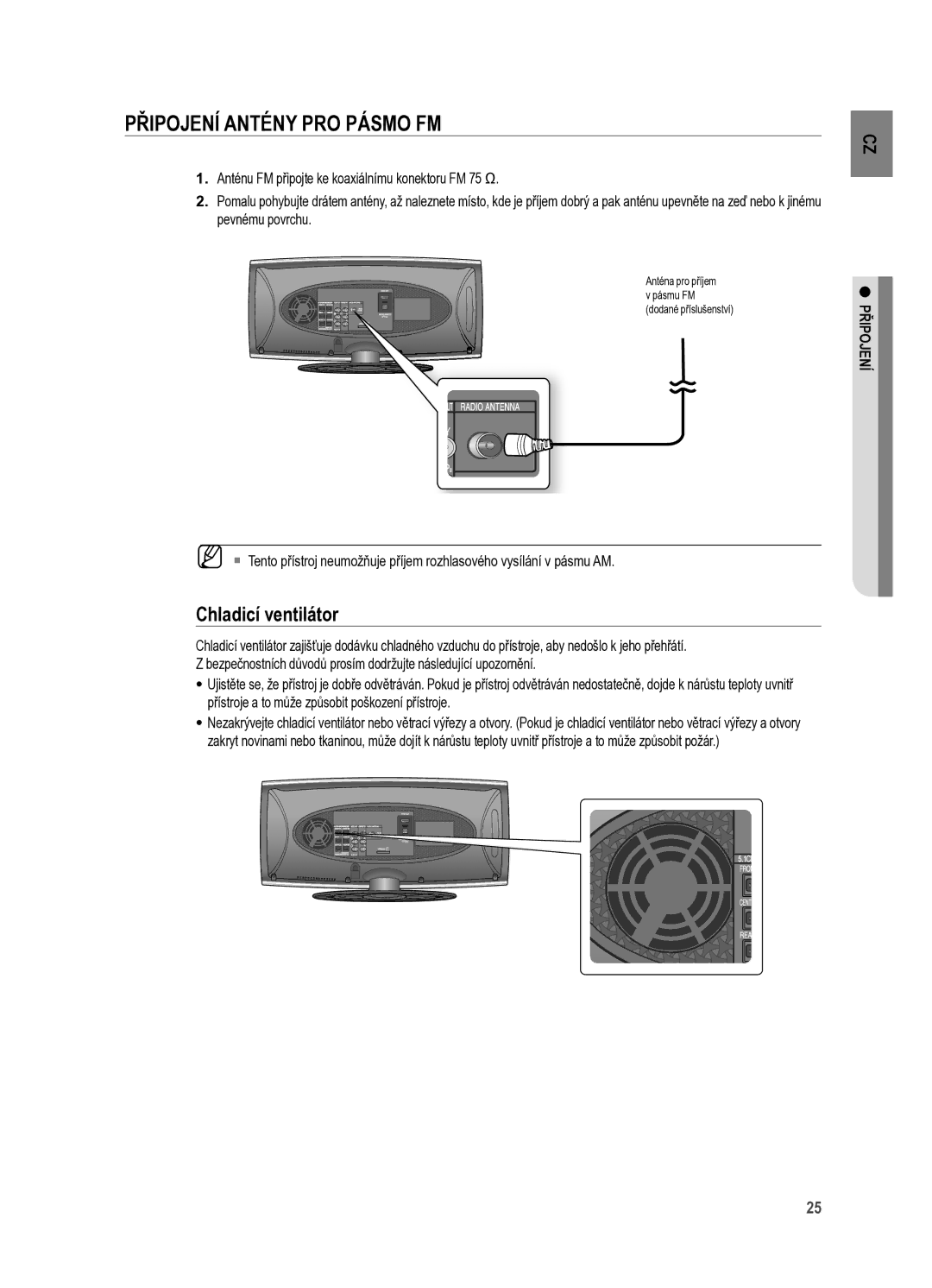 Samsung HT-X625T/XET manual PřIPOJENí ANTéNY PrO Pásmo FM, Chladicí ventilátor 