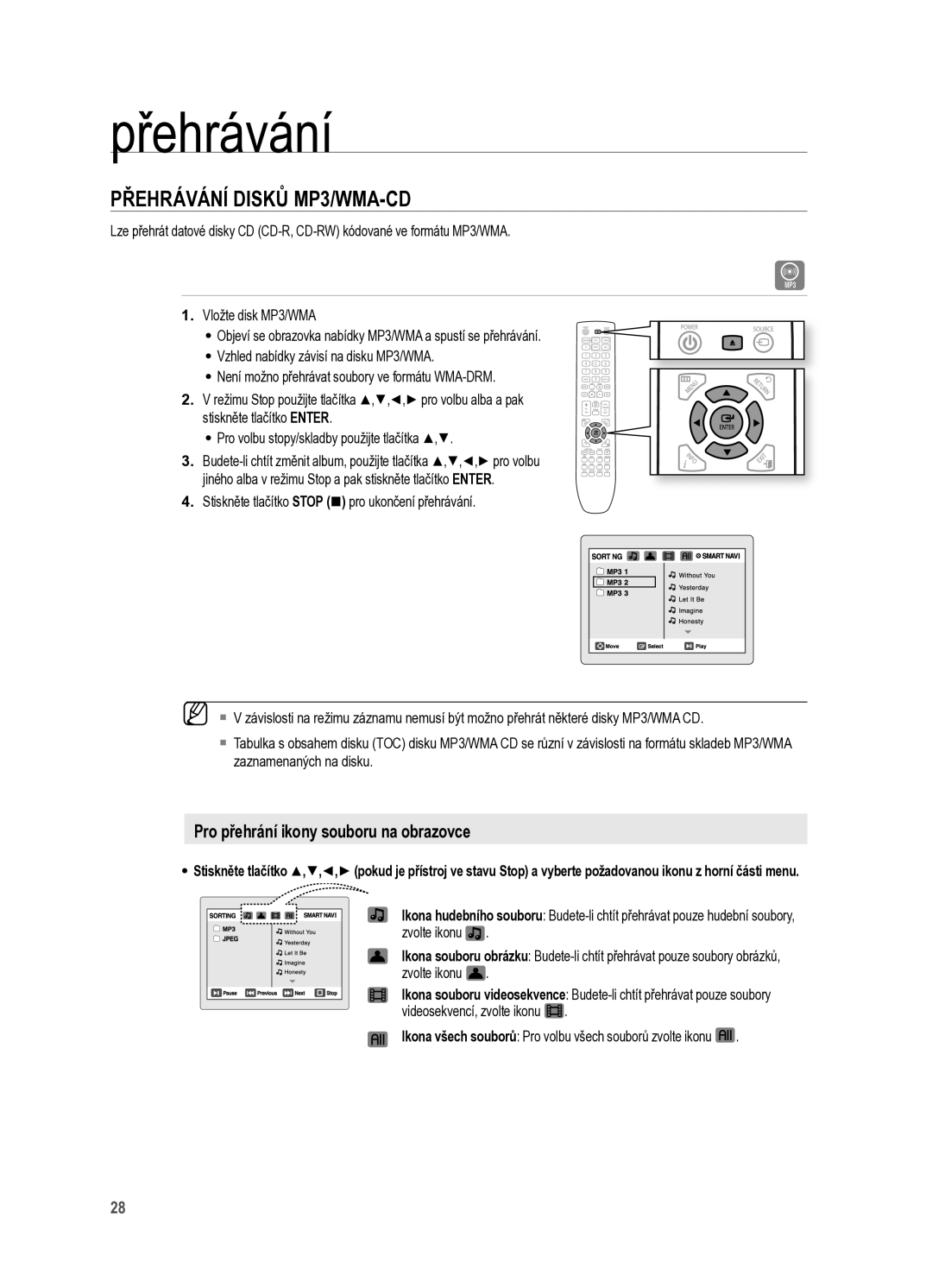 Samsung HT-X625T/XET manual PřEHrÁVÁNí DISKů MP3/WMA-CD, Pro přehrání ikony souboru na obrazovce 