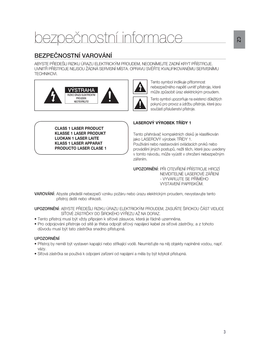 Samsung HT-X625T/XET manual Bezpečnostní informace, Bezpečnostní varování 