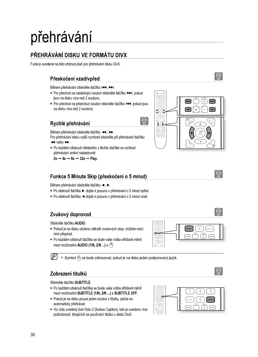 Samsung HT-X625T/XET manual PřEHrÁVÁNí Disku VE FOrMÁTU Divx 