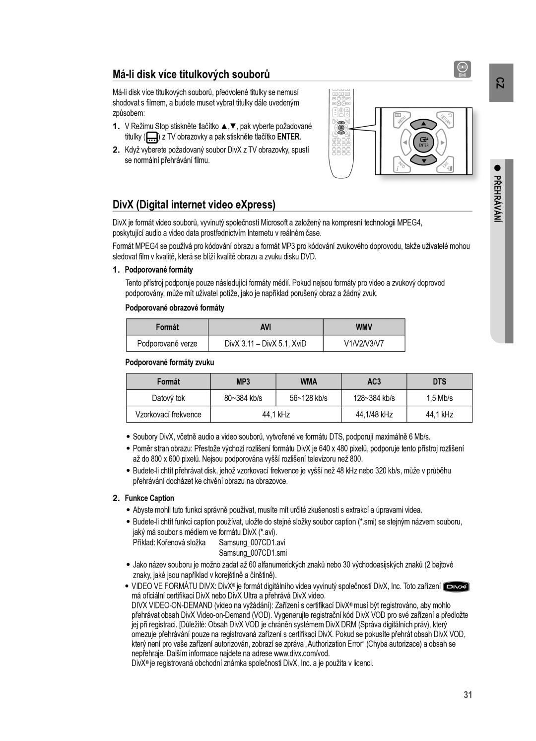 Samsung HT-X625T/XET manual Má-li disk více titulkových souborů, DivX Digital internet video eXpress 