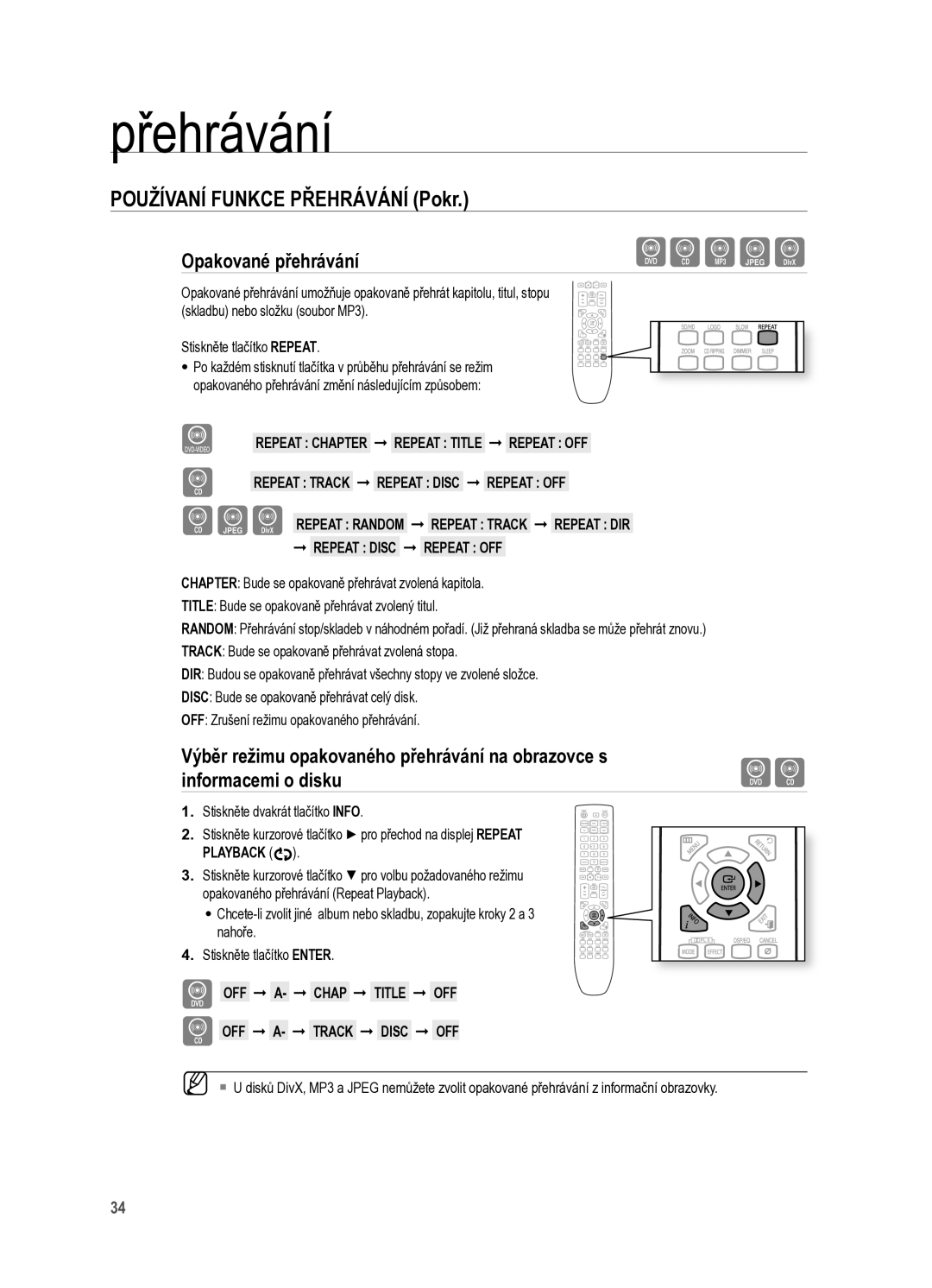 Samsung HT-X625T/XET manual POUžíVANí Funkce PřEHrÁVÁNí Pokr, Opakované přehrávání, Boff A- TrACK Disc OFF 