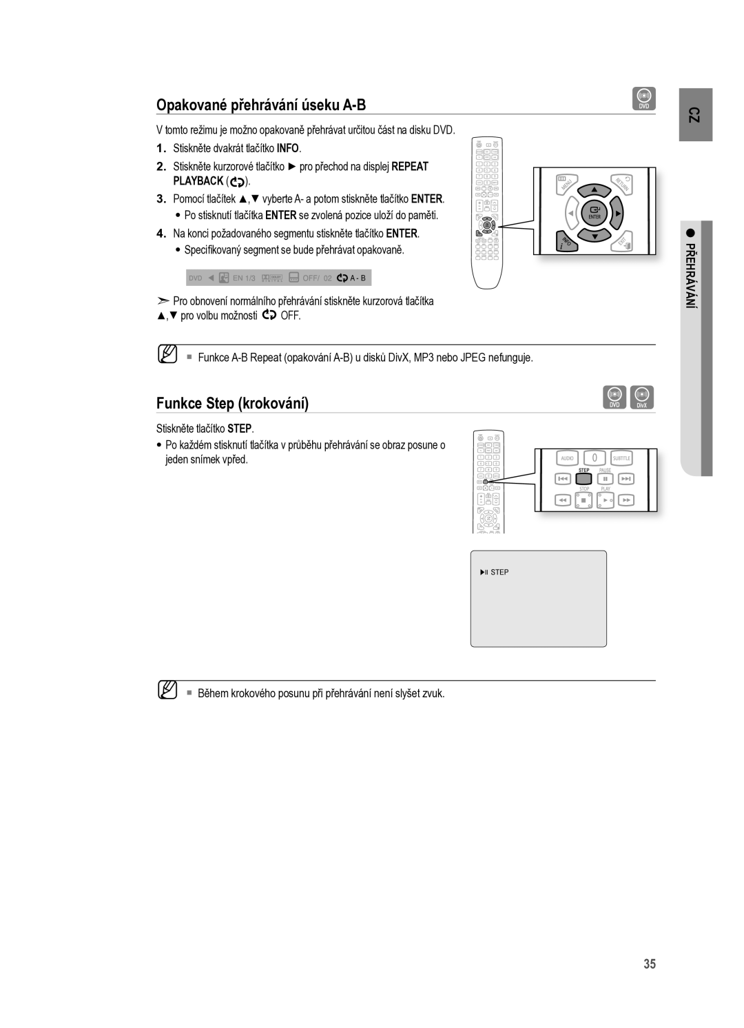 Samsung HT-X625T/XET manual Opakované přehrávání úseku A-B, Funkce Step krokování 