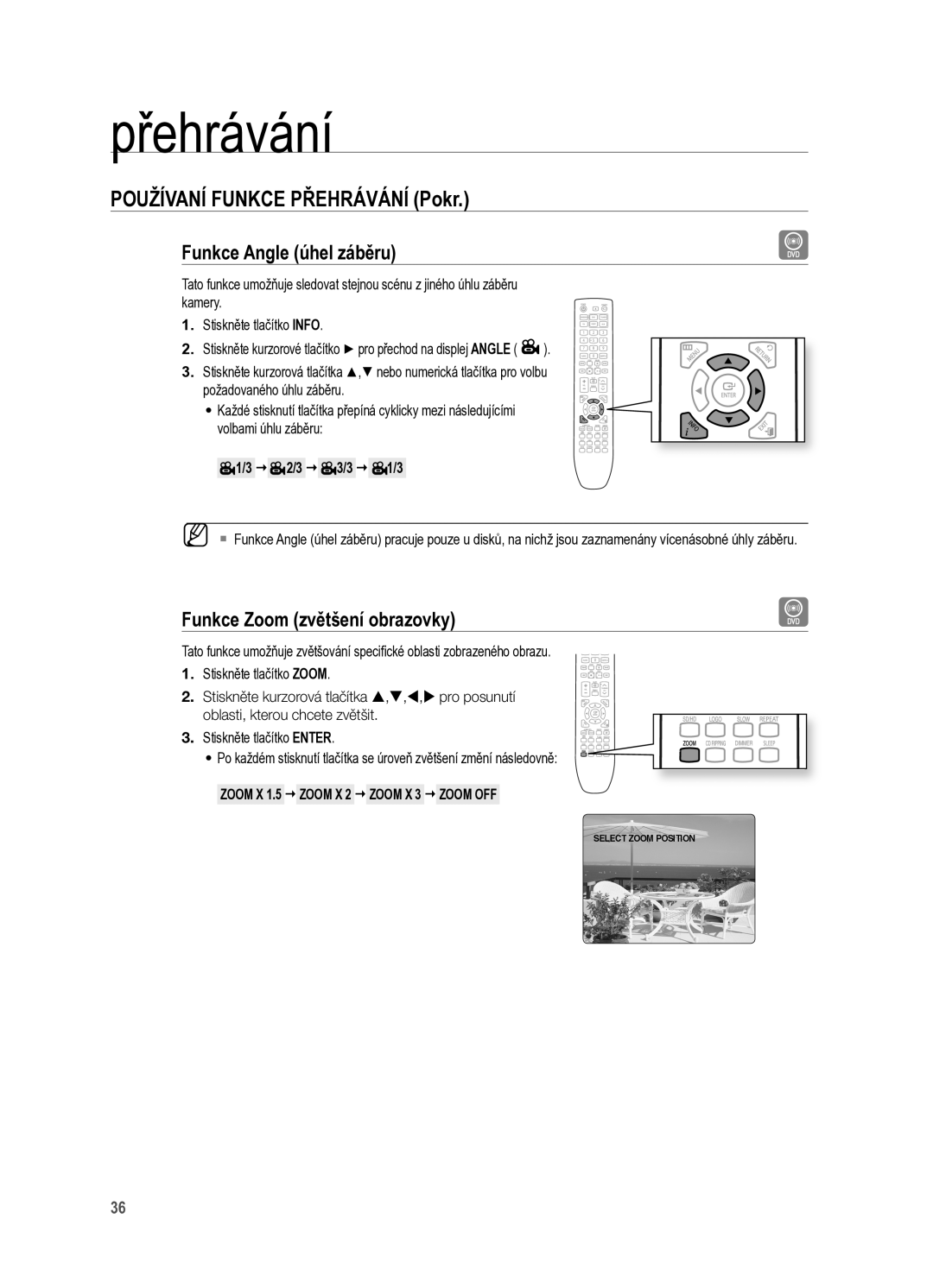 Samsung HT-X625T/XET manual Funkce Angle úhel záběru, Funkce Zoom zvětšení obrazovky,  2/3  3/3  1/3 