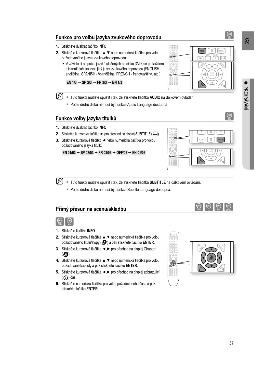 Samsung HT-X625T/XET manual Funkce pro volbu jazyka zvukového doprovodu, Funkce volby jazyka titulků 