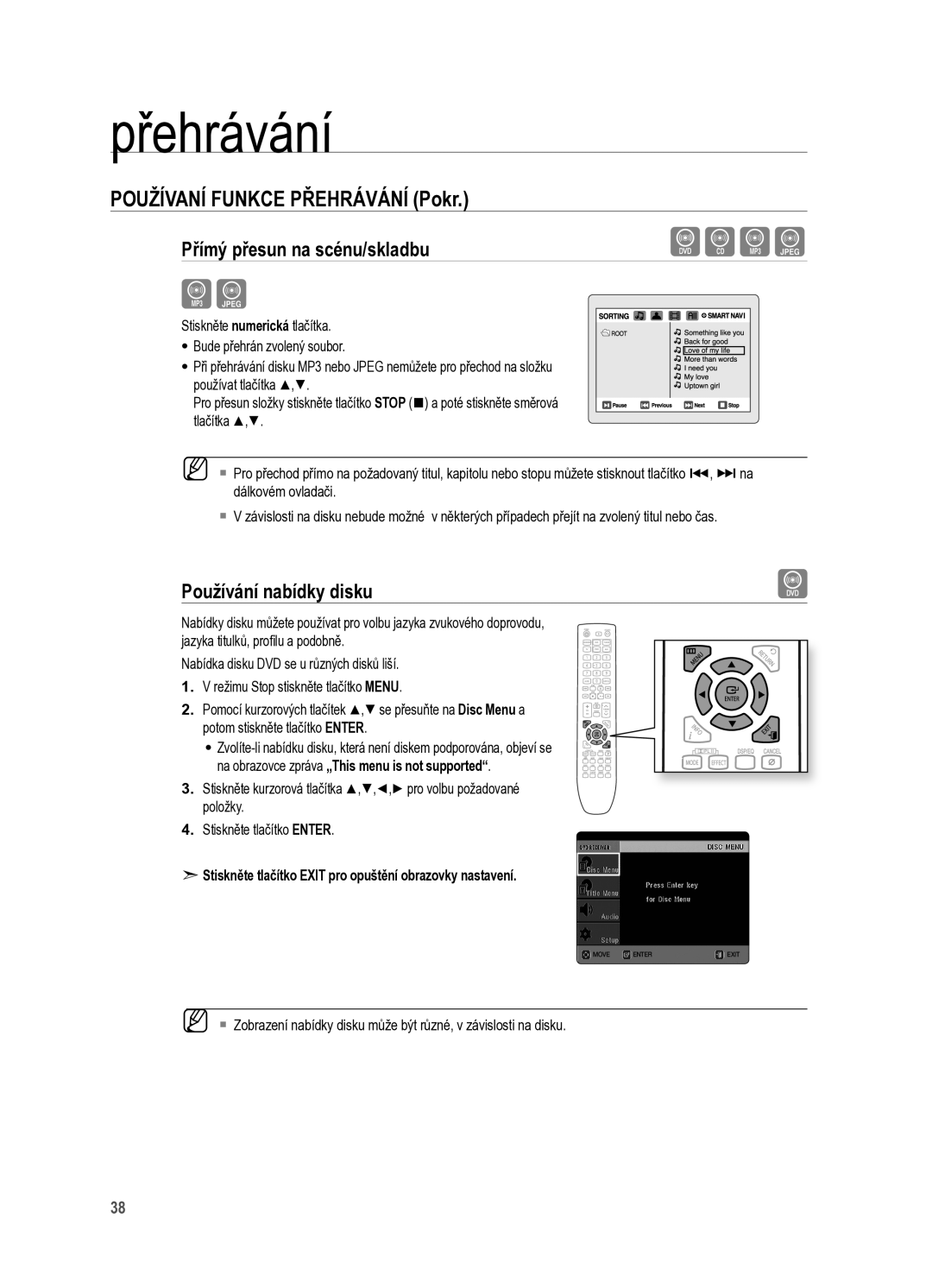 Samsung HT-X625T/XET manual Používání nabídky disku, DStiskněte tlačítko Exit pro opuštění obrazovky nastavení 