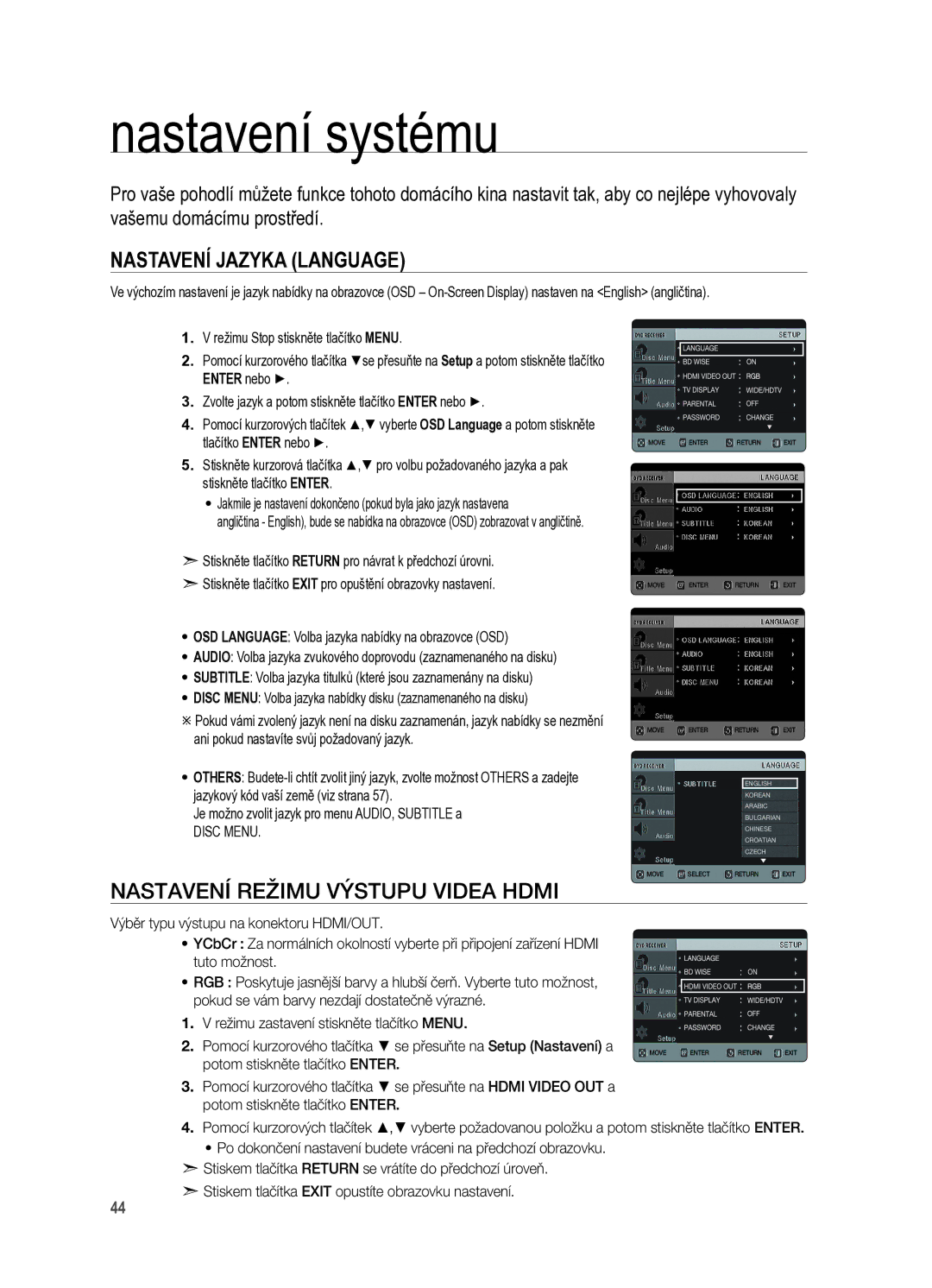 Samsung HT-X625T/XET manual Nastavení systému, Nastavení jazyka Language, Enter nebo 