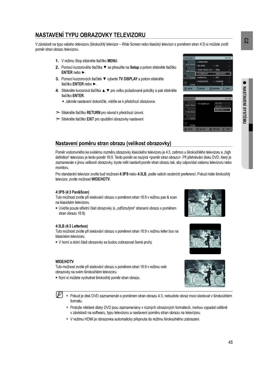 Samsung HT-X625T/XET manual Nastavení typu obrazovky televizoru, Nastavení poměru stran obrazu velikost obrazovky 