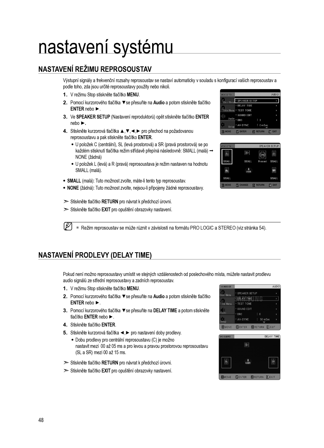 Samsung HT-X625T/XET manual Nastavení režimu reprosoustav, Nastavení prodlevy Delay Time 