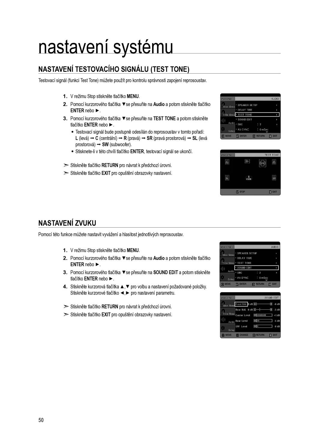 Samsung HT-X625T/XET manual Nastavení testovacího signálu Test Tone, Nastavení zvuku 