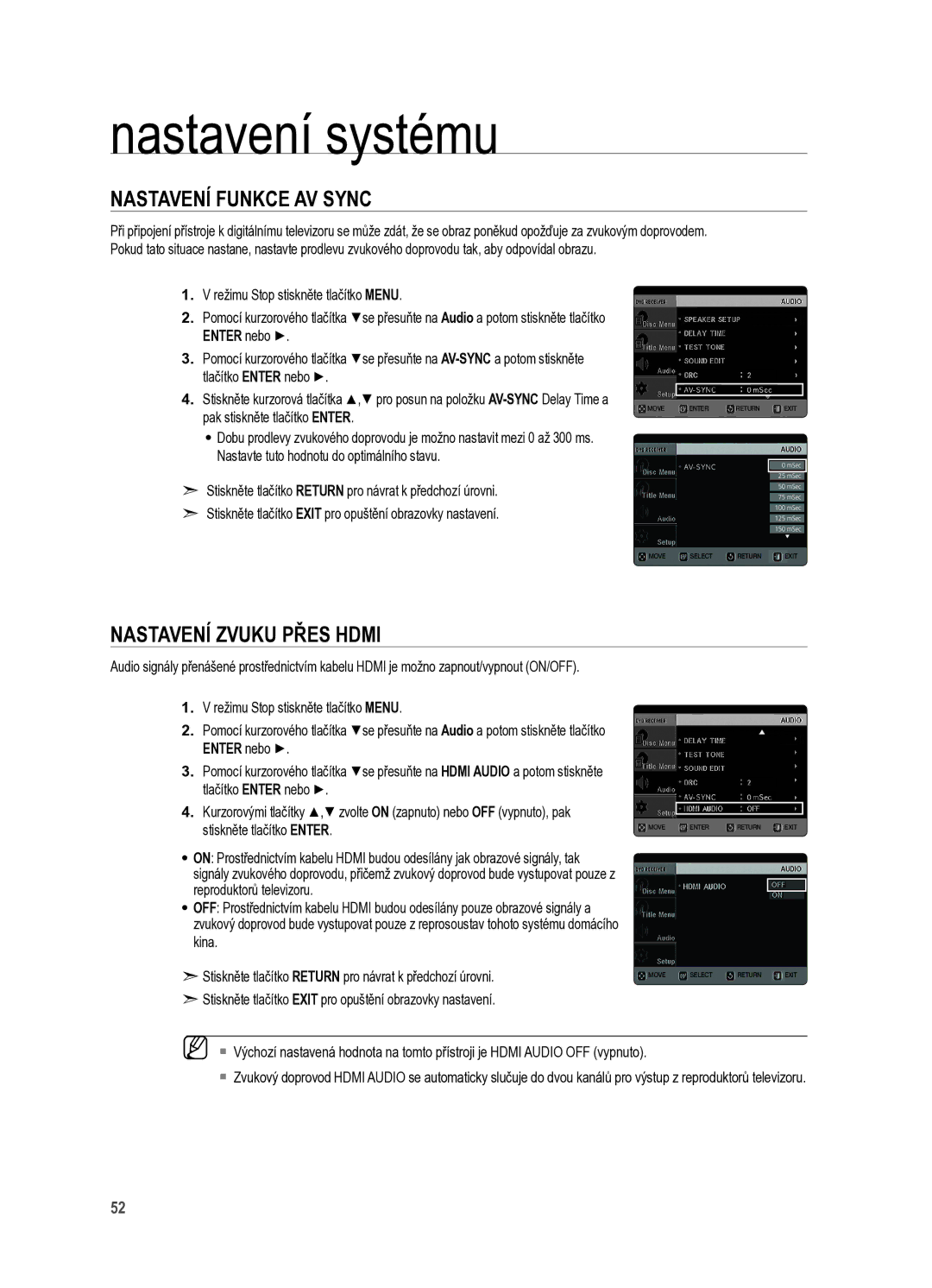 Samsung HT-X625T/XET manual Nastavení funkce AV Sync, Nastavení zvuku přes Hdmi 