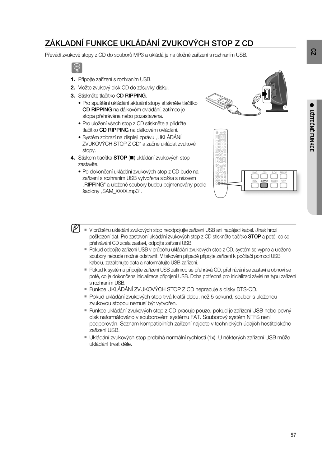 Samsung HT-X625T/XET manual ZáKLaDní FUnKCe UKLáDání zvUKovÝCH stop z CD, UžITEčNé Funkce 