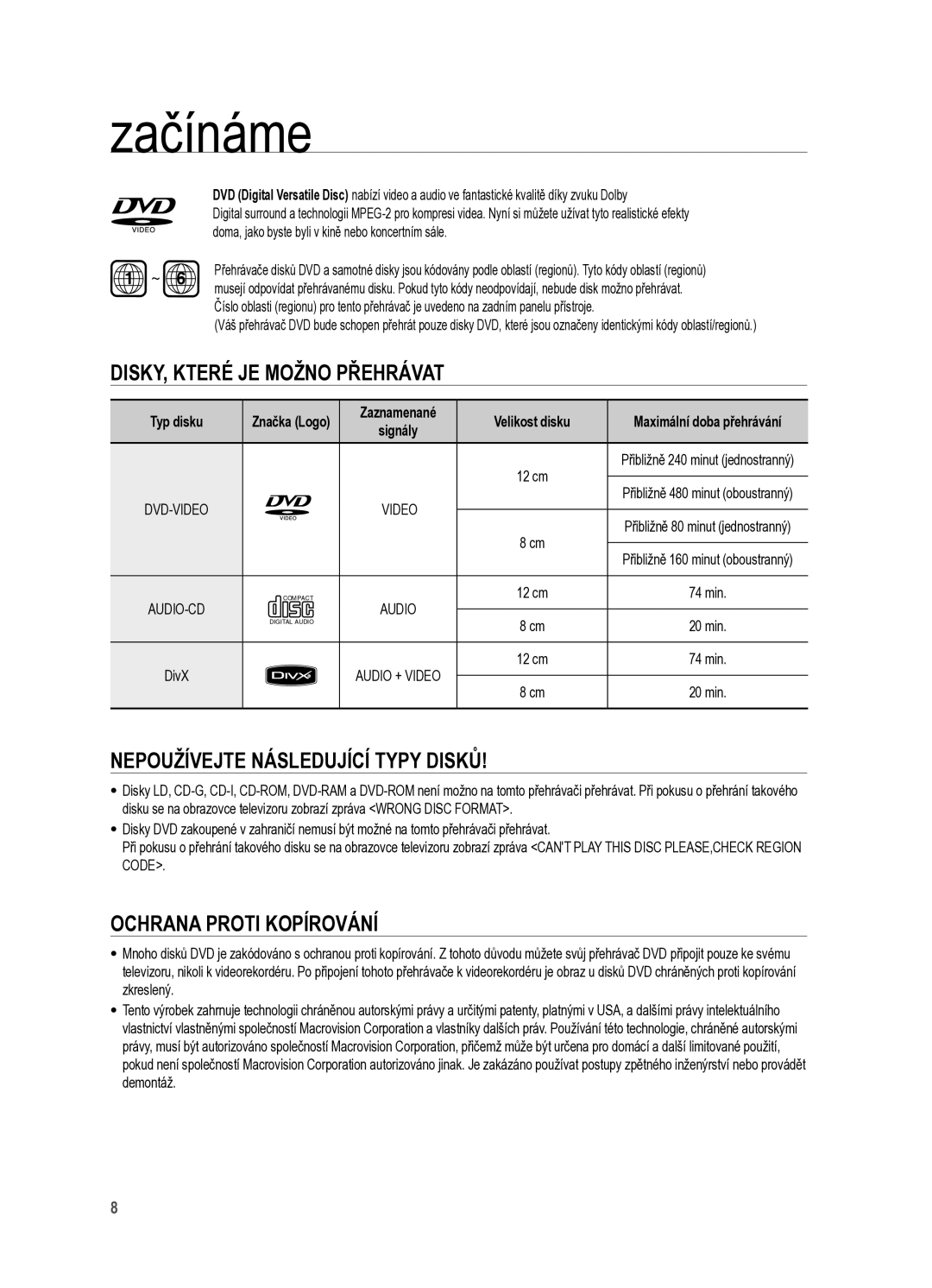 Samsung HT-X625T/XET manual Disky, které je možno přehrávat, Nepoužívejte následující typy disků, Ochrana proti kopírování 