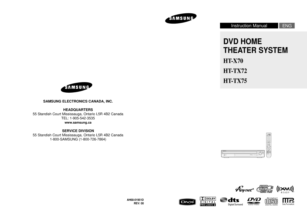 Samsung HT-TX72, HT-X70, HT-TX75 instruction manual DVD Home Theater System, AH68-01951D REV 