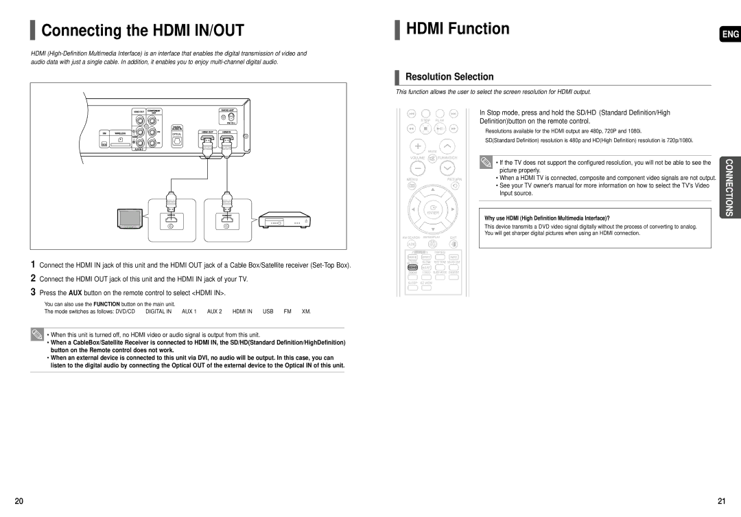 Samsung HT-TX75, HT-X70, HT-TX72 instruction manual Connecting the Hdmi IN/OUT, Hdmi Function, Resolution Selection 