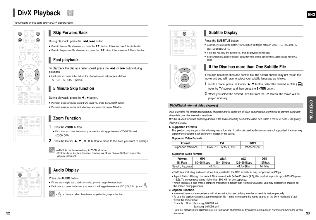 Samsung HT-TX75, HT-X70, HT-TX72 instruction manual DivX Playback DivX 