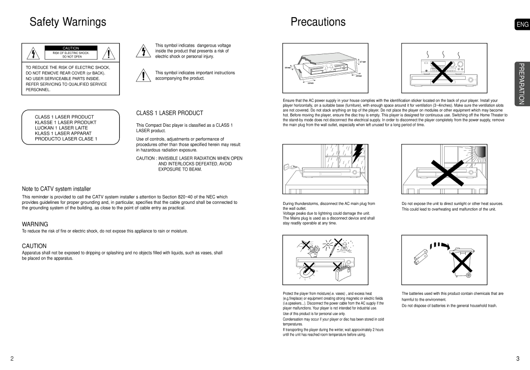 Samsung HT-TX75, HT-X70, HT-TX72 instruction manual Safety Warnings, Precautions 