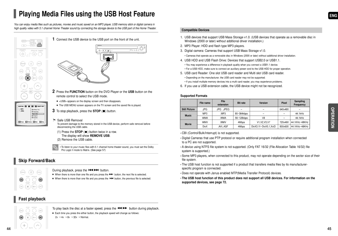 Samsung HT-TX75, HT-X70 To stop playback, press the Stop button Safe USB Removal, Remove the USB cable, Compatible Devices 