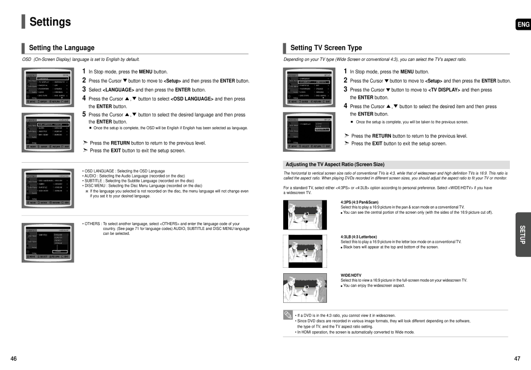 Samsung HT-X70, HT-TX72 Settings, Setting the Language, Setting TV Screen Type, Adjusting the TV Aspect Ratio Screen Size 