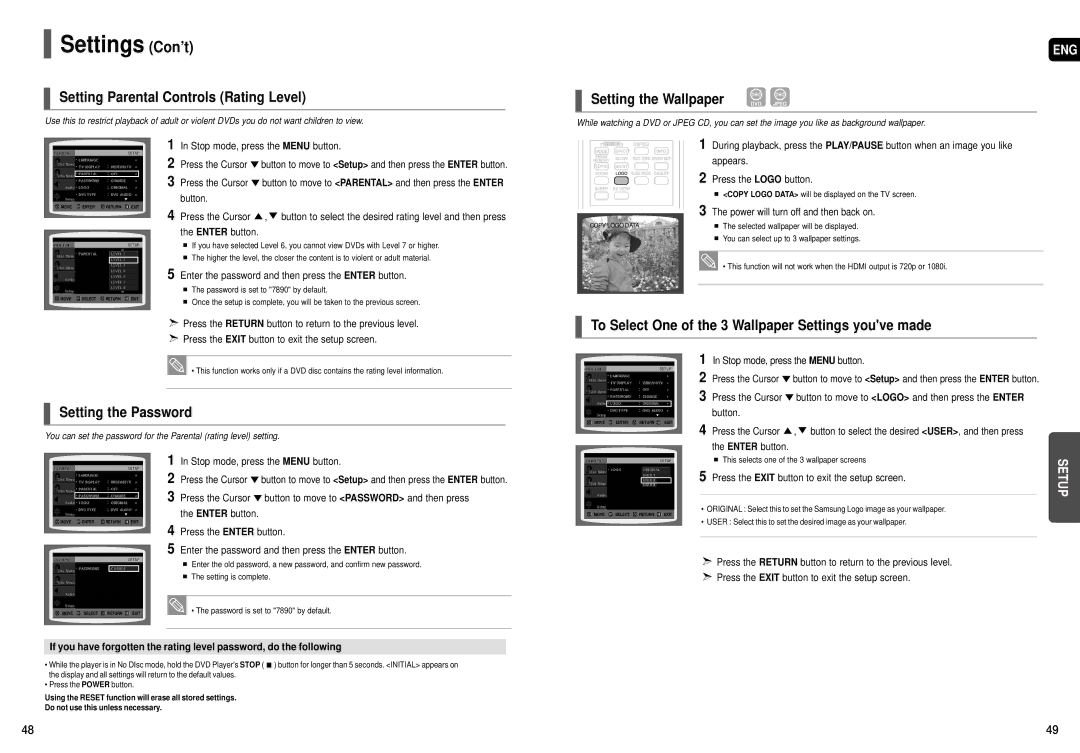 Samsung HT-TX72, HT-X70, HT-TX75 Settings Con’t, Setting Parental Controls Rating Level, Setting the Password 