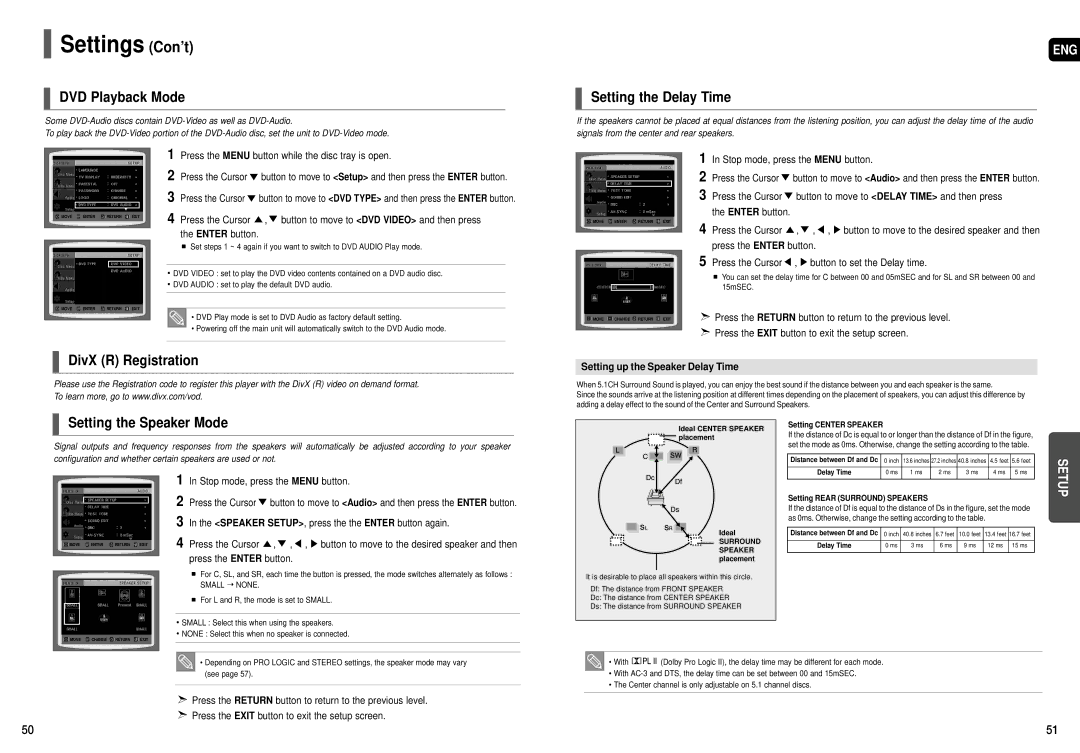 Samsung HT-TX75, HT-X70, HT-TX72 DVD Playback Mode, Setting the Delay Time, DivX R Registration, Setting the Speaker Mode 