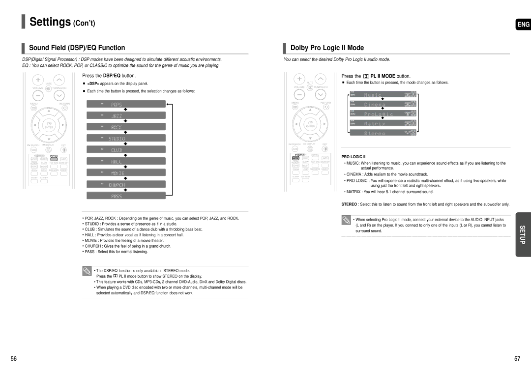 Samsung HT-TX75 Sound Field DSP/EQ Function, Dolby Pro Logic II Mode, Press the DSP/EQ button, Press the PL II Mode button 