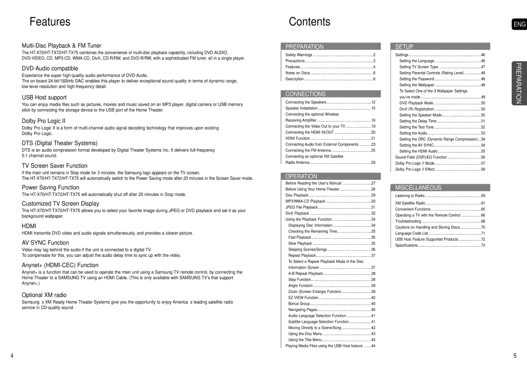 Samsung HT-X70, HT-TX72, HT-TX75 instruction manual Features, Contents 