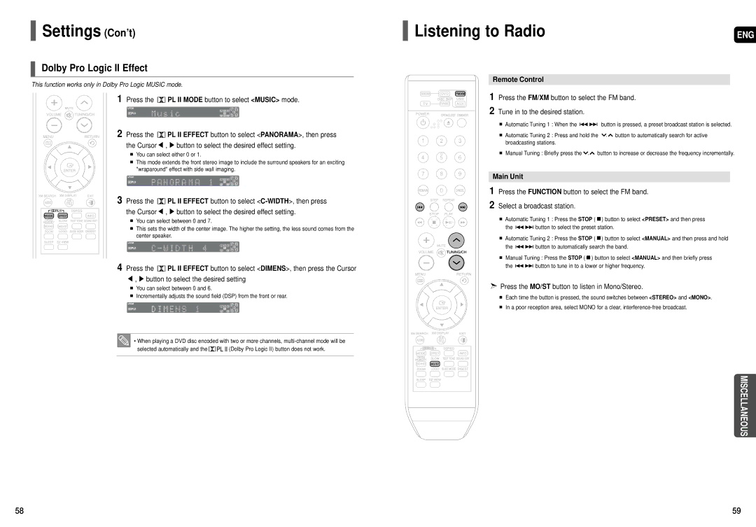 Samsung HT-X70, HT-TX72, HT-TX75 instruction manual Listening to Radio, Dolby Pro Logic II Effect, Remote Control, Main Unit 