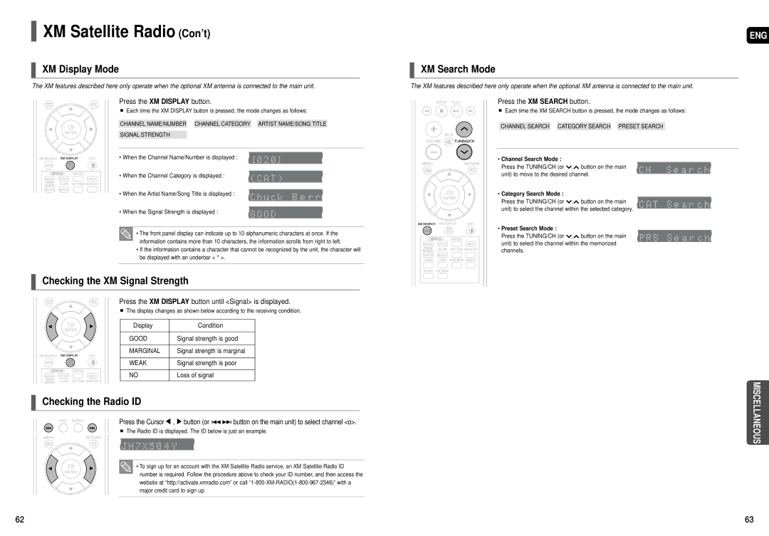 Samsung HT-TX75, HT-X70 XM Satellite Radio Con’t, XM Display Mode, Checking the XM Signal Strength, Checking the Radio ID 