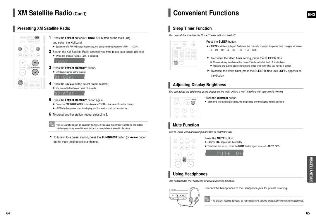 Samsung HT-X70 Convenient Functions, Presetting XM Satellite Radio, Sleep Timer Function, Adjusting Display Brightness 