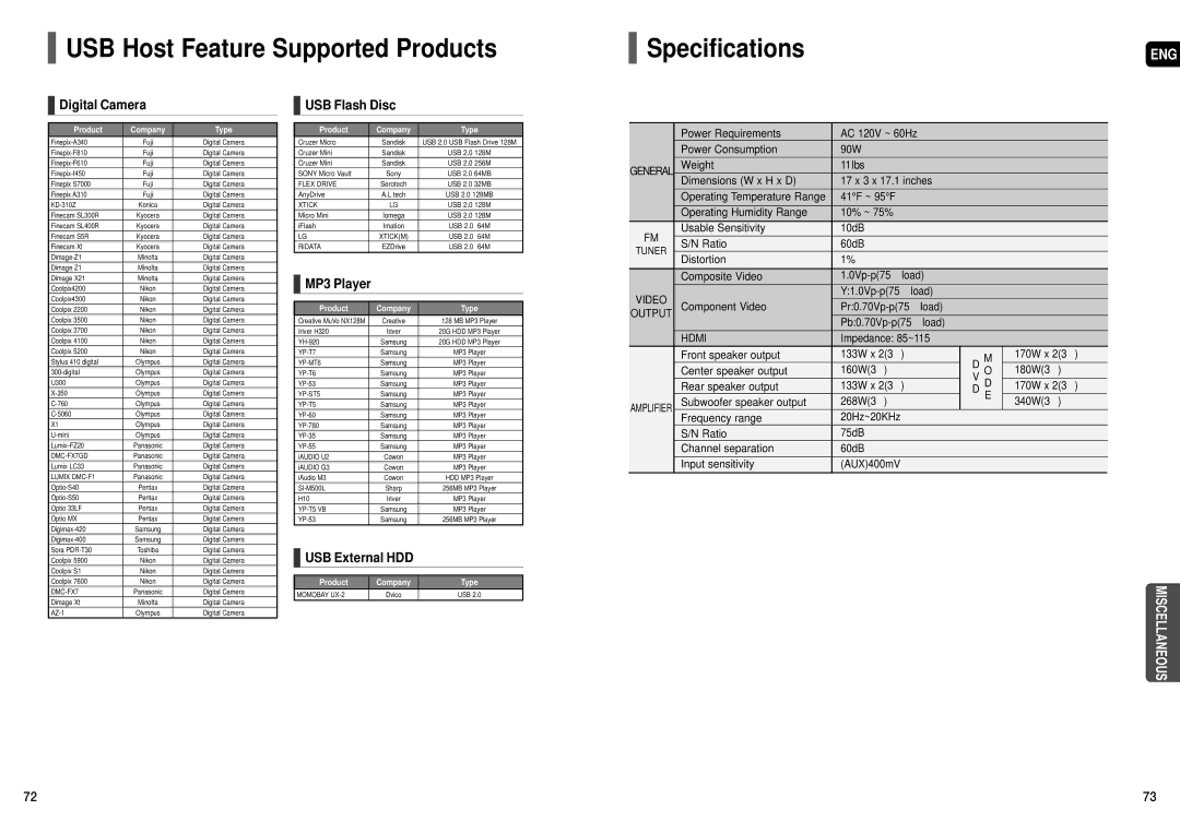 Samsung HT-TX72, HT-X70, HT-TX75 instruction manual USB Host Feature Supported Products, Specifications 