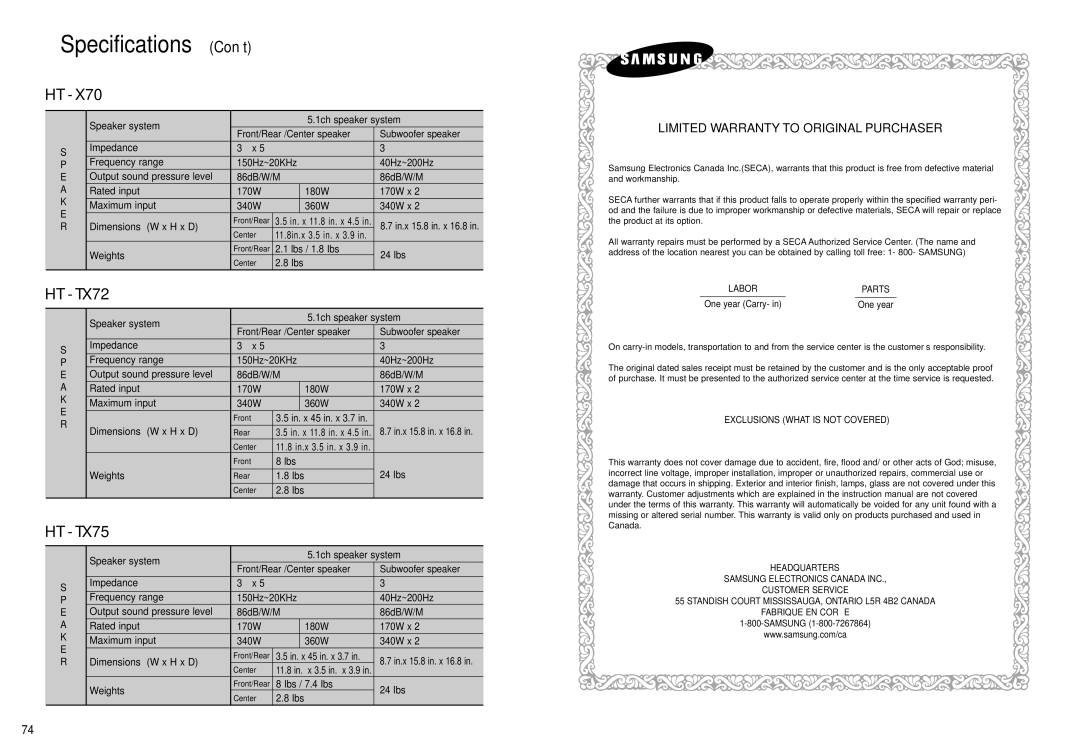 Samsung HT-TX75, HT-X70, HT-TX72 instruction manual Specifications Con’t 