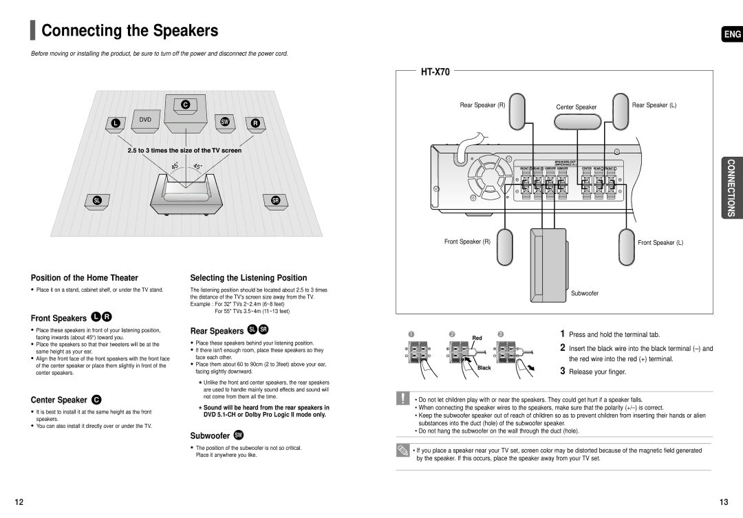 Samsung HT-TX72, HT-TX75 instruction manual Connecting the Speakers, HT-X70, Black Release your finger 