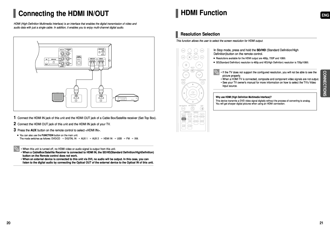 Samsung HT-TX75, HT-X70, HT-TX72 instruction manual Connecting the HDMI IN/OUT, HDMI Function, Resolution Selection 