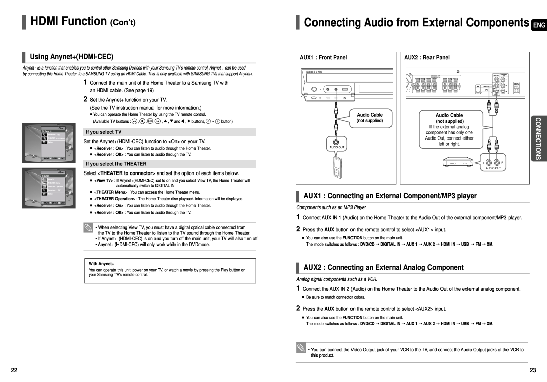 Samsung HT-X70 HDMI Function Con’t, Connecting Audio from External Components ENG, Using Anynet+HDMI-CEC, Connections 