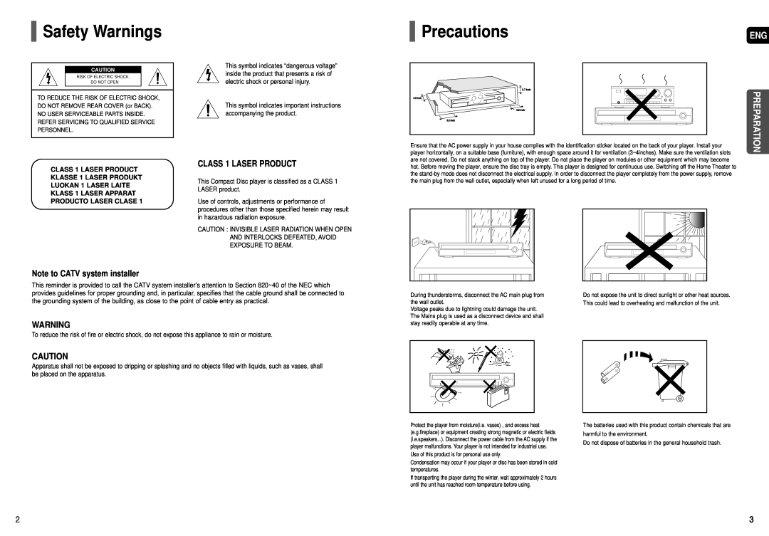 Samsung HT-TX75, HT-X70, HT-TX72 instruction manual Safety Warnings, Precautions 