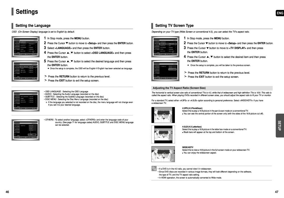 Samsung HT-X70, HT-TX72, HT-TX75 instruction manual Settings, Setting the Language, Setting TV Screen Type 