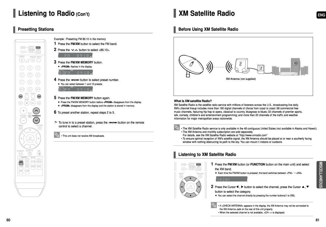 Samsung HT-TX72, HT-X70, HT-TX75 Listening to Radio Con’t, Presetting Stations, Before Using XM Satellite Radio 